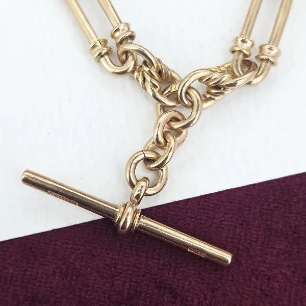 9ct Rose Gold Heavy Trombone Link Albert Chain- Front View 