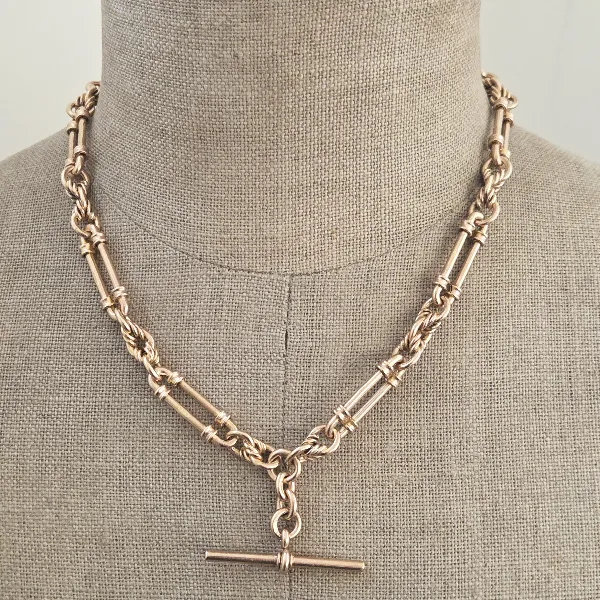 9ct Rose Gold Heavy Trombone Link Albert Chain- Magnified 