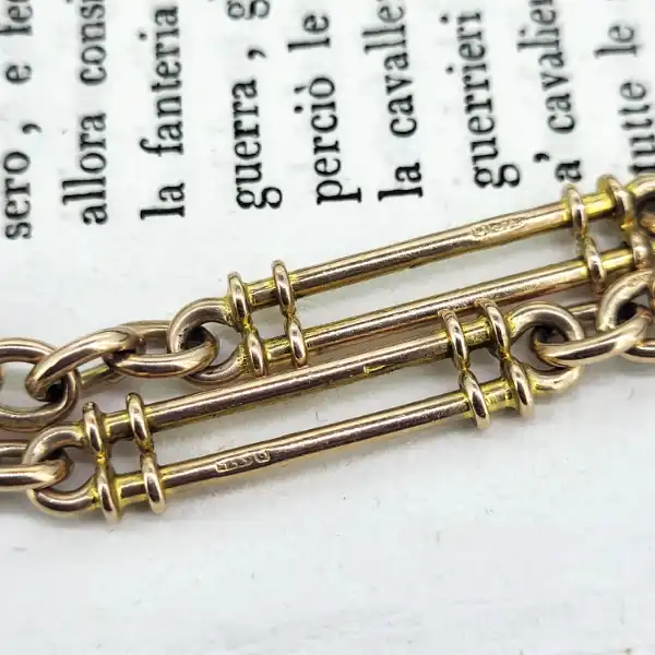 Exquisite Antique 9ct Gold Trombone Link Albert with T-Bar and Fob-9ct-rose-gold-trombone-albert-chain-with-t-bar-and-fob.webp