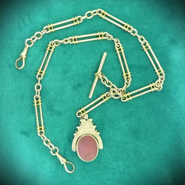 Exquisite Antique 9ct Gold Trombone Link Albert with T-Bar and Fob-9ct-rose-gold-trombone-albert-chain-with-t-bar-and-fob.webp