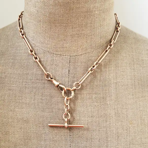 9ct Rose Gold Antique Trombone Link Albert Chain with T-Bar-9ct-rose-gold-trombone-albert-chain-with-tbar.webp