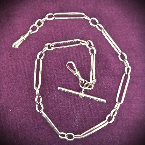 Necklaces Ireland  - 9ct Rose Gold Trombone Link Albert Chain with T-Bar