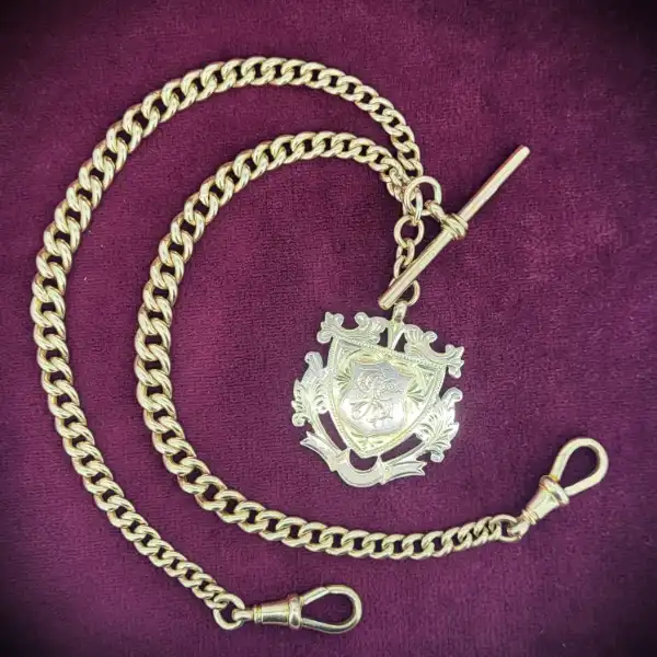  Thumbnail of Date 1906 -1907! Rose Gold Antique Albert Chain with Medal and T-Bar