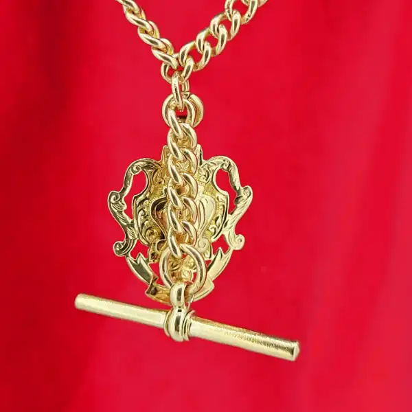 Date 1919-1920!  Yellow Gold Albert Chain with T-Bar and Medal-9ct-yellow-gold-curb-albert-from-1919-1920.webp