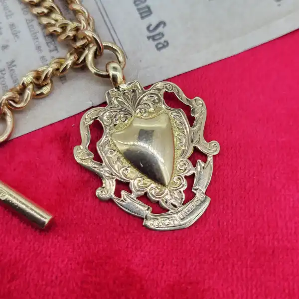 Date 1919-1920!  Yellow Gold Albert Chain with T-Bar and Medal-9ct-yellow-gold-curb-albert-from-1919-1920.webp