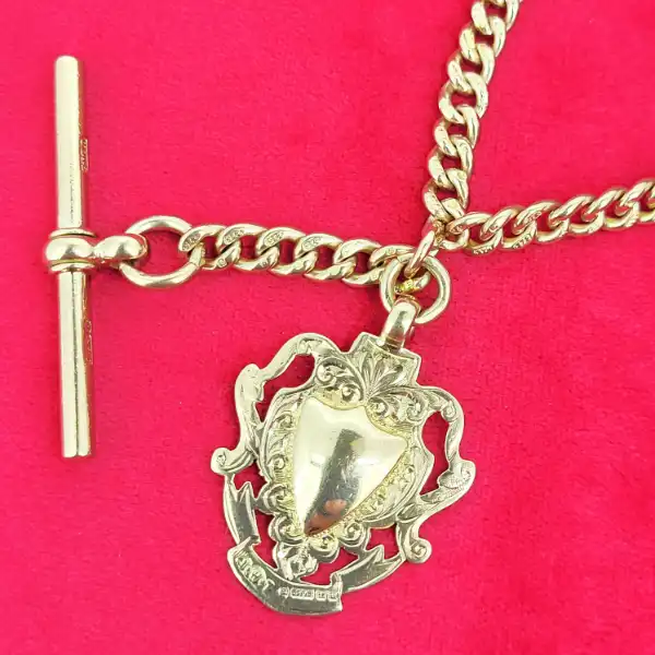 Date 1919-1920!  Yellow Gold Albert Chain with T-Bar and Medal-9ct-yellow-gold-curb-albert-from-1919-1920.webp