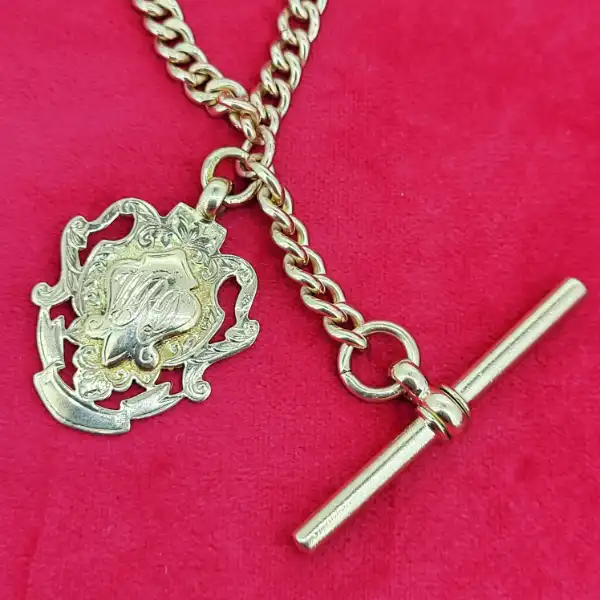 Date 1919-1920!  Yellow Gold Albert Chain with T-Bar and Medal-9ct-yellow-gold-curb-albert-from-1919-1920.webp