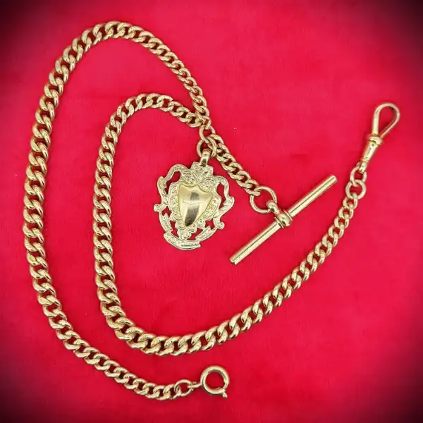 Date 1919-1920!  Yellow Gold Albert Chain with T-Bar and Medal-9ct-yellow-gold-curb-albert-from-1919-1920.webp