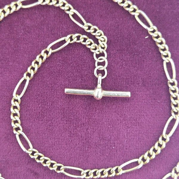 Vintage Yellow Gold Figaro Necklace with T-Bar- Front View 
