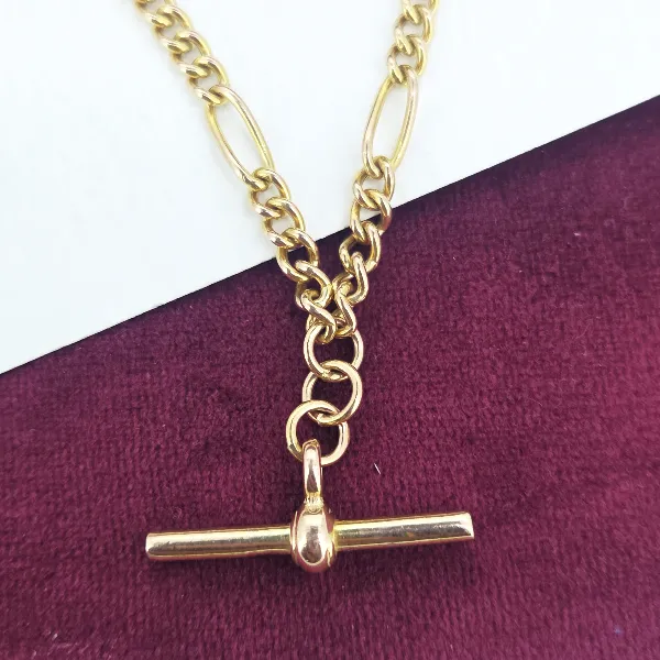 Vintage Yellow Gold Figaro Necklace with T-Bar- Reverse Angle 