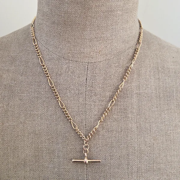 Vintage Yellow Gold Figaro Necklace with T-Bar-Original 