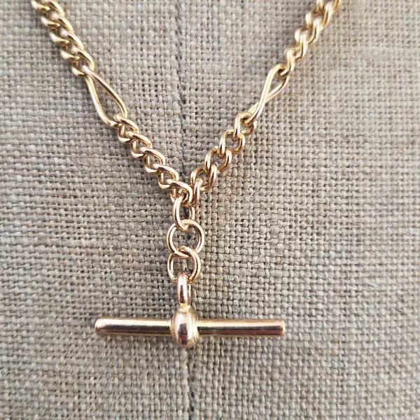 Vintage Yellow Gold Figaro Necklace with T-Bar-Small 