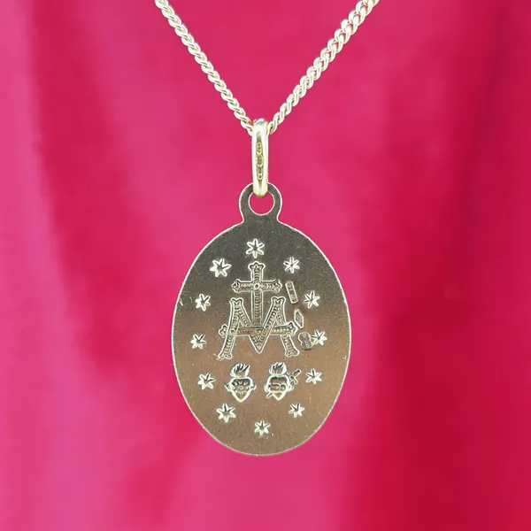 9ct Yellow Gold Miraculous Medal on a 20inch Chain- Front View 