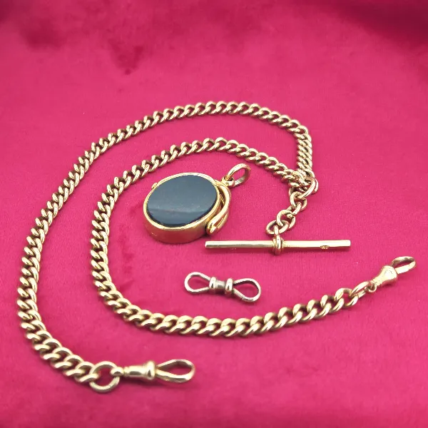 18ct Albert Chain with Rolling T-Bar, Double Swivel & Fob Pendant- Side View 