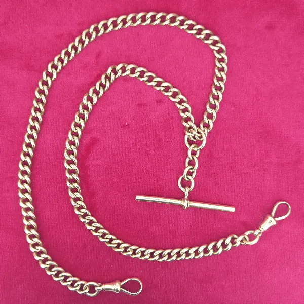 18ct Albert Chain with Rolling T-Bar, Double Swivel & Fob Pendant- Front View 