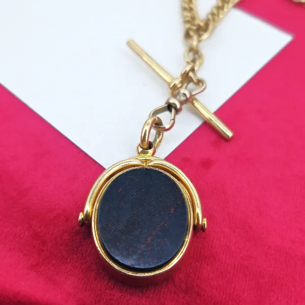 18ct Albert Chain with Rolling T-Bar, Double Swivel & Fob Pendant- Reverse Angle 