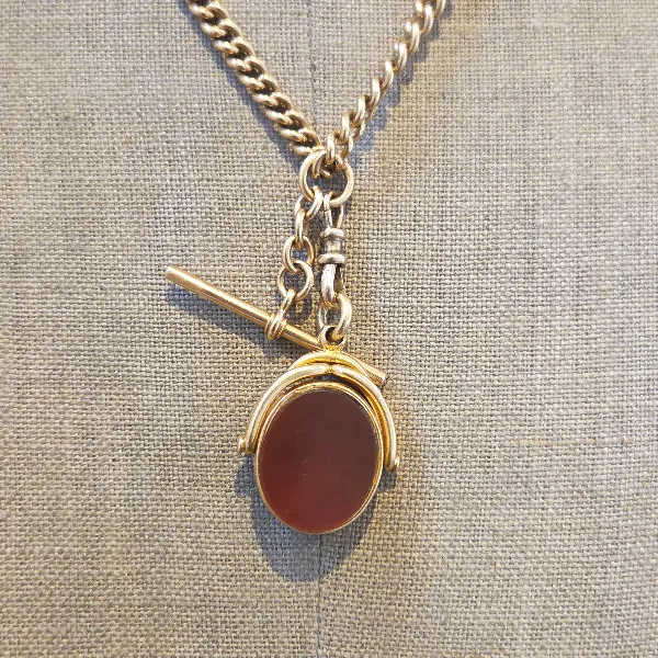 18ct Albert Chain with Rolling T-Bar, Double Swivel & Fob Pendant-Original 