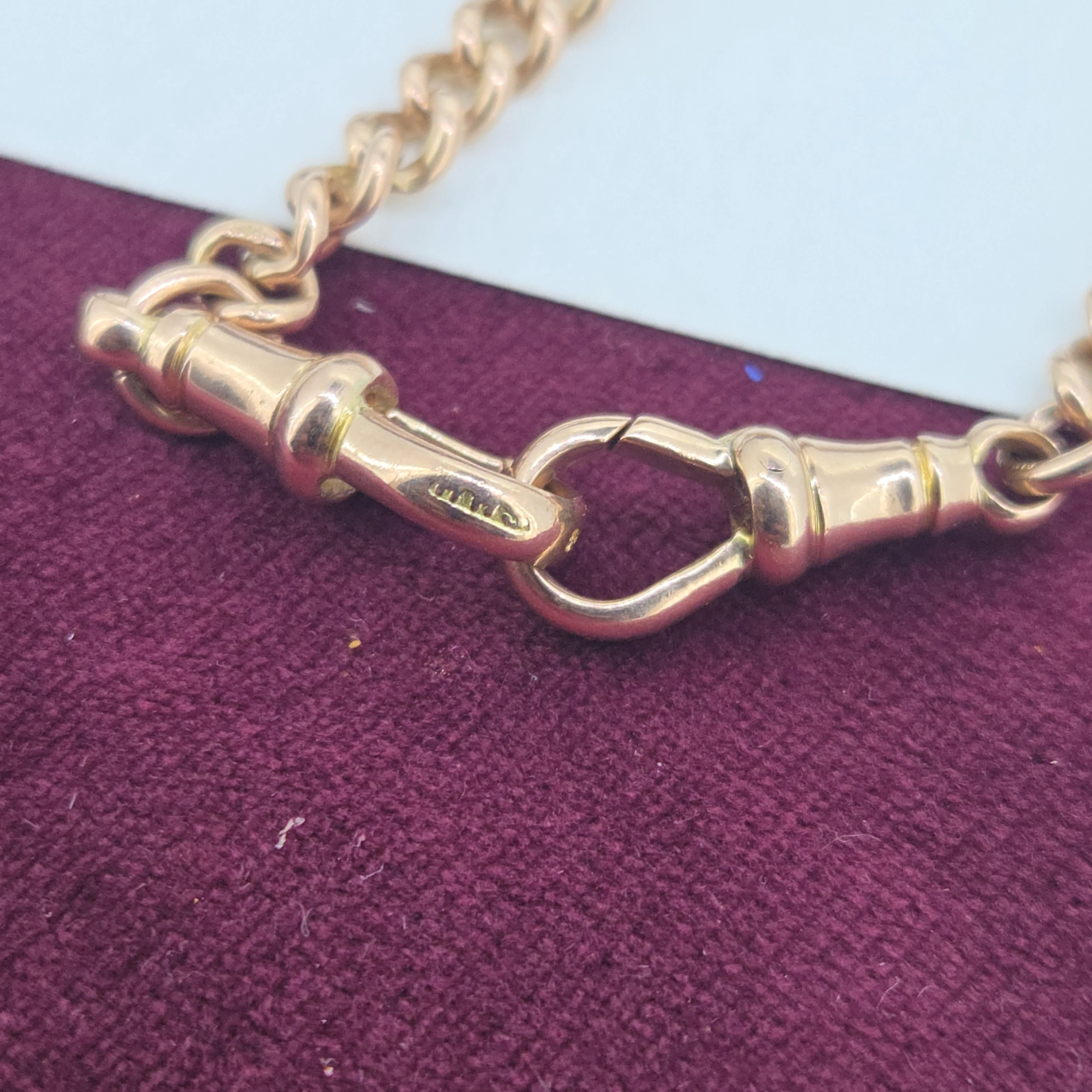 Antique 9ct Rose Gold Albert Necklace with T-Bar- Magnified 