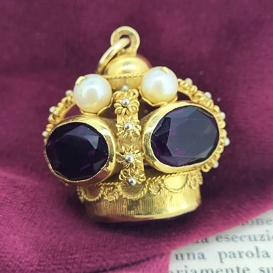 18ct Gold Etruscan  Amethyst & Pearl Crown Fob Charm Pendant-amethyst-crown-fob-pendant.webp