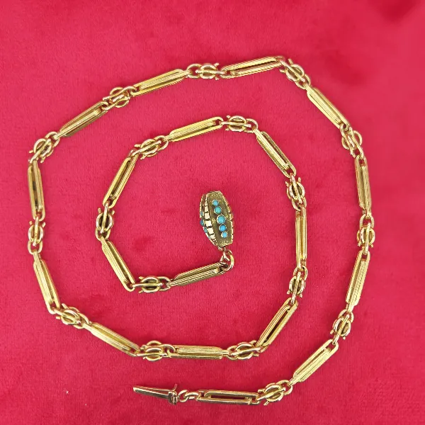 Antique 15ct Gold Trombone & Knot Link Guard Chain with Turquoise Clasp- Side View 