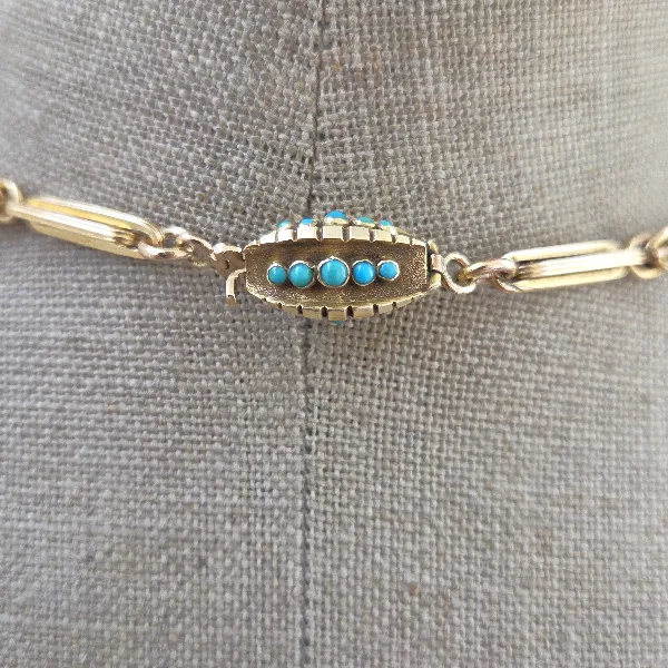Antique 15ct Gold Trombone & Knot Link Guard Chain with Turquoise Clasp-Top Right View 