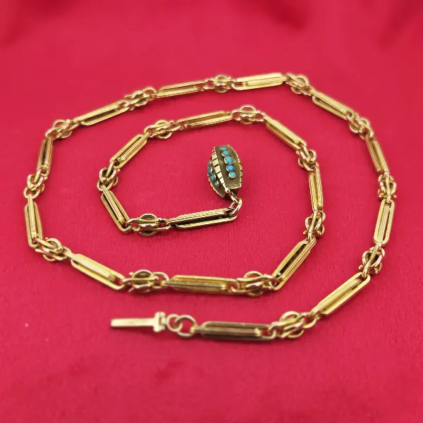 Antique 15ct Gold Trombone & Knot Link Guard Chain with Turquoise Clasp- Front View 