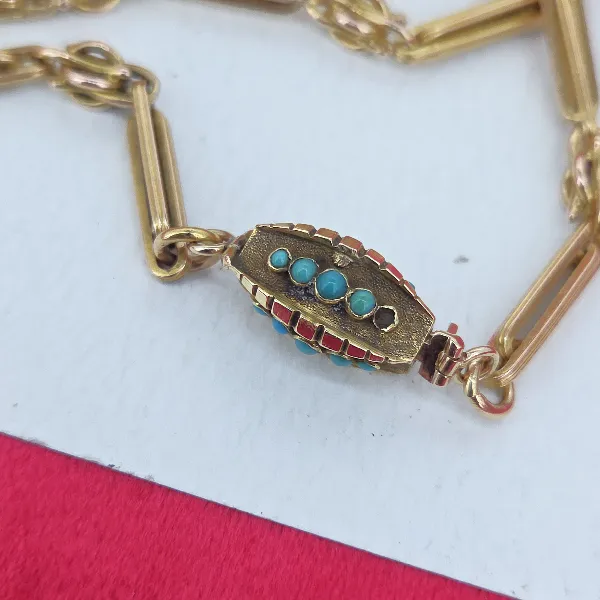 Antique 15ct Gold Trombone & Knot Link Guard Chain with Turquoise Clasp- Magnified 