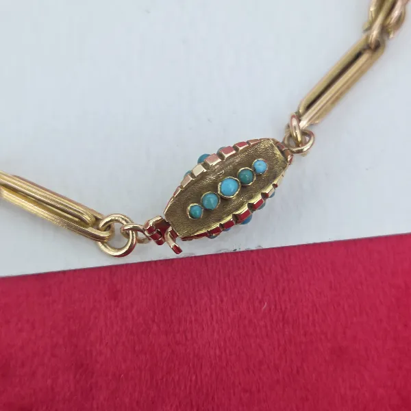 Antique 15ct Gold Trombone & Knot Link Guard Chain with Turquoise Clasp-Original 
