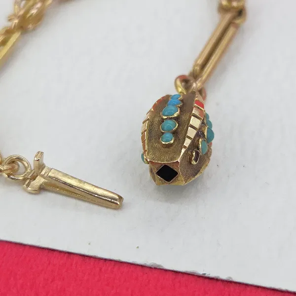 Antique 15ct Gold Trombone & Knot Link Guard Chain with Turquoise Clasp-Left View 