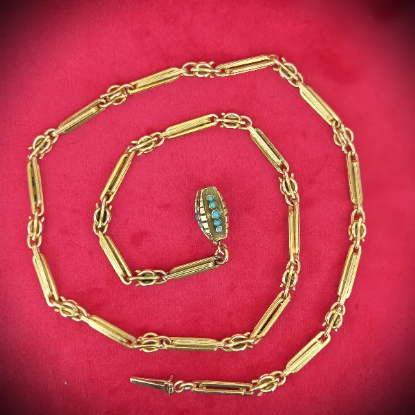 Antique 15ct Gold Trombone & Knot Link Guard Chain with Turquoise Clasp