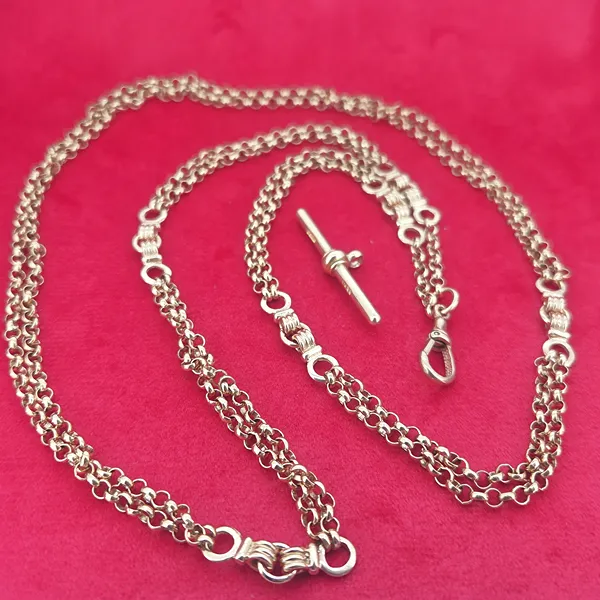 Antique 9ct Rose Gold Double Row Blecher Albert Chain- Front View 