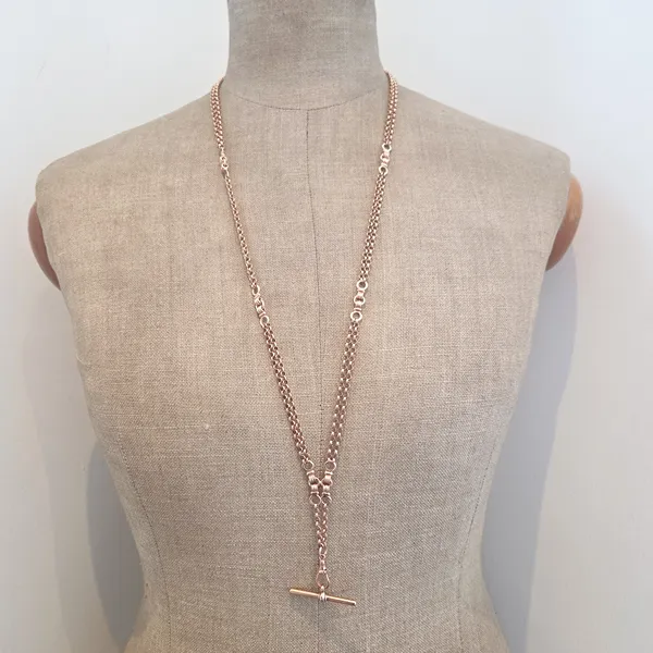 Antique 9ct Rose Gold Double Row Blecher Albert Chain-Left View 