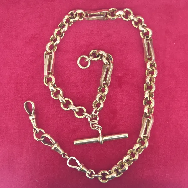 Fancy Antique Rose Gold Albert Chain with T-Bar- Side View 