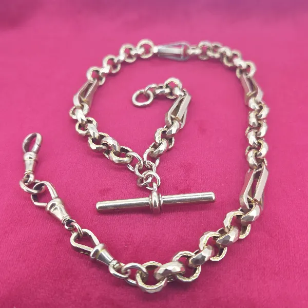 Fancy Antique Rose Gold Albert Chain with T-Bar- Front View 