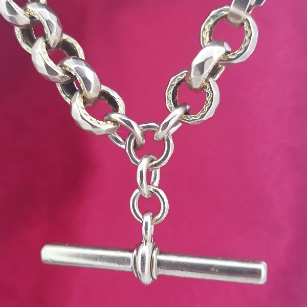 Fancy Antique Rose Gold Albert Chain with T-Bar- Close Up 