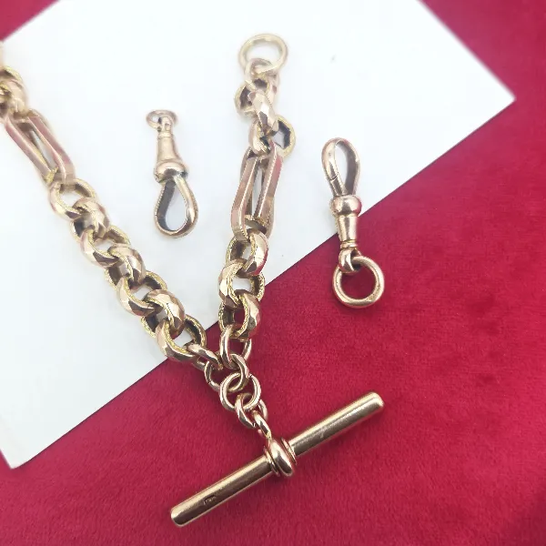 Fancy Antique Rose Gold Albert Chain with T-Bar- Crown View 