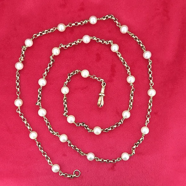 Antique Pearl and 9ct Yellow Gold Necklace - 30Inches- Side View 
