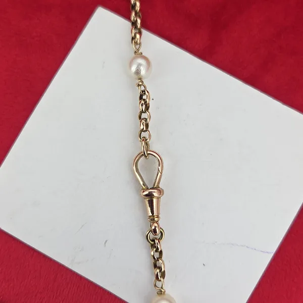 Antique Pearl and 9ct Yellow Gold Necklace - 30Inches- Magnified 