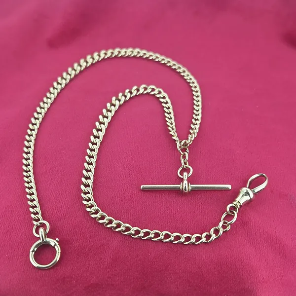 Antique Rose Gold Albert Necklace with Rolling T-Bar - 17 inches- Side View 