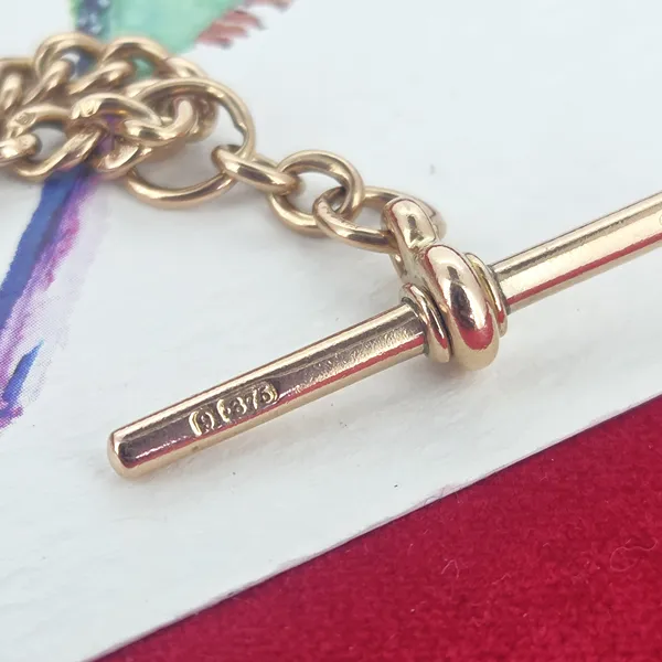 Antique Rose Gold Albert Necklace with Rolling T-Bar - 17 inches- Close Up 