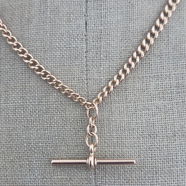Antique Rose Gold Albert Necklace with Rolling T-Bar - 17 inches-Small 