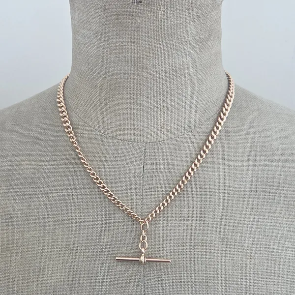 Antique Rose Gold Albert Necklace with Rolling T-Bar - 17 inches-Left View 