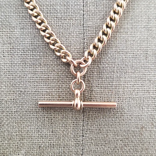 Antique Rose Gold Albert Chain with T-Bar with Optional Extender-Right View 