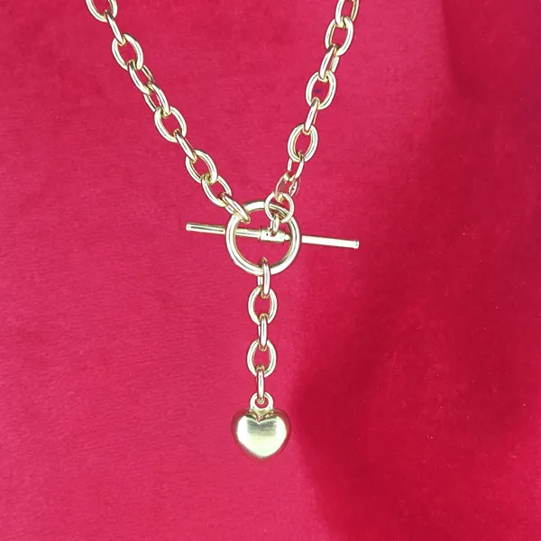 9ct Gold Cable Link Necklace with T-Bar and Heart- Side View 