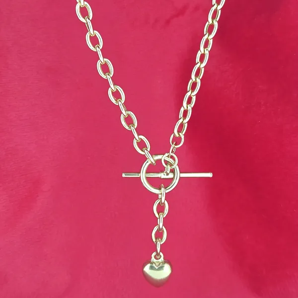 9ct Gold Cable Link Necklace with T-Bar and Heart- Front View 