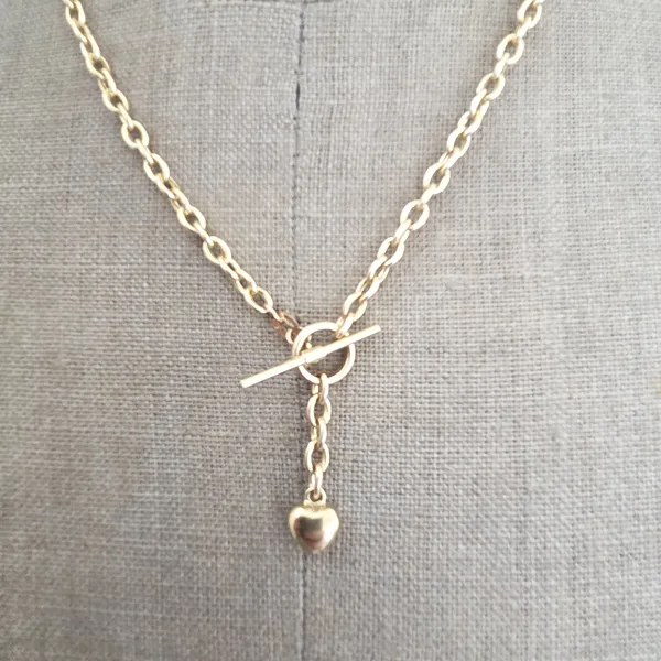 9ct Gold Cable Link Necklace with T-Bar and Heart-Small 