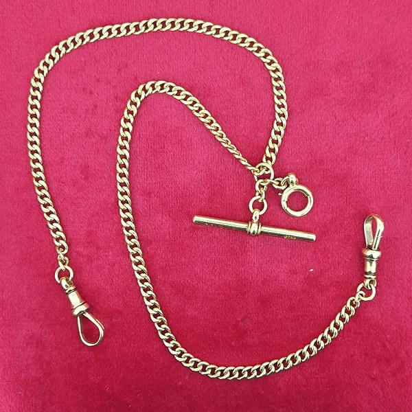 Gorgeous Dainty 18ct Yellow Gold Albert Chain with T-Bar and Bolt Ring- Side View 