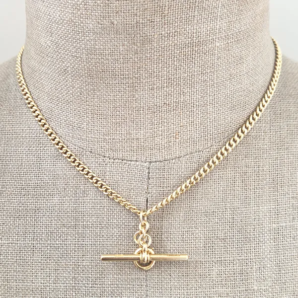 Gorgeous Dainty 18ct Yellow Gold Albert Chain with T-Bar and Bolt Ring-Top Left View 