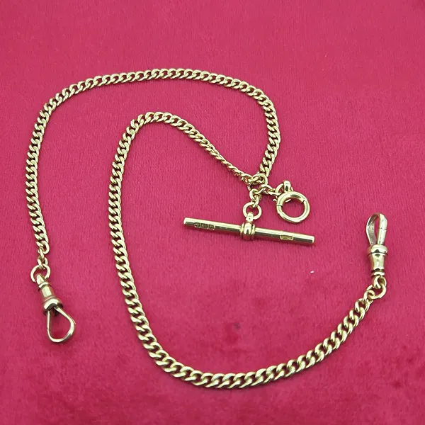 Gorgeous Dainty 18ct Yellow Gold Albert Chain with T-Bar and Bolt Ring- Front View 
