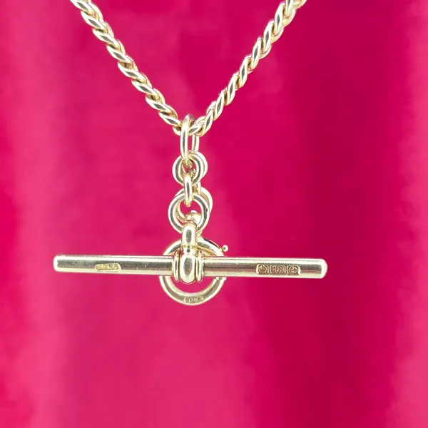 Gorgeous Dainty 18ct Yellow Gold Albert Chain with T-Bar and Bolt Ring- Close Up 